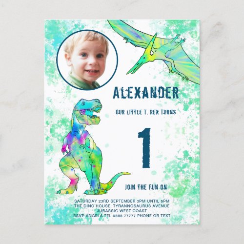 Dinosaur Watercolor 1st Birthday Party Photo Invitation Postcard