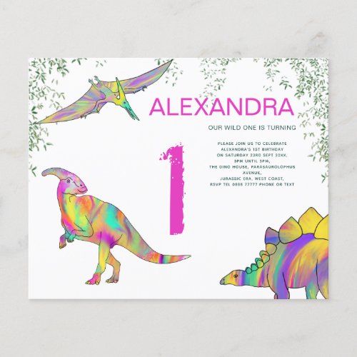 Dinosaur watercolor 1st Birthday Party pink budget Flyer