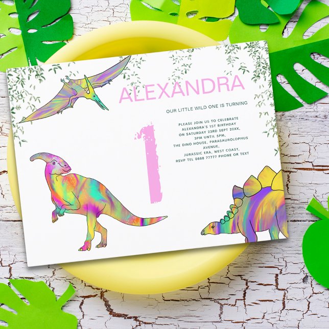 Dinosaur Watercolor 1st Birthday Party Pink Budget Invitation Postcard (Colorful dinosaurs 1st birthday party pink budget invitation wild one girl)
