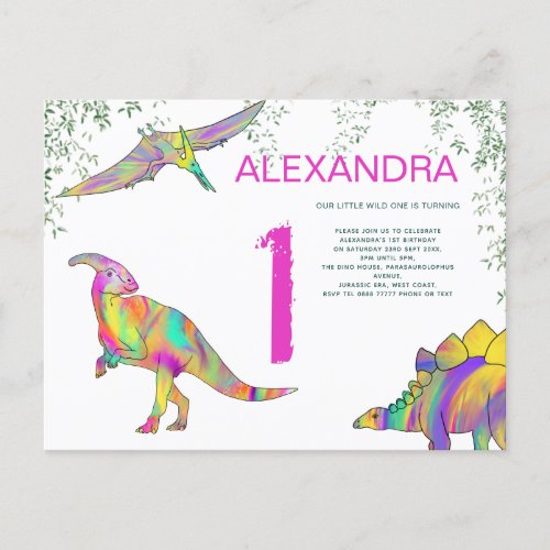 Dinosaur watercolor 1st Birthday Party pink budget Invitation Postcard