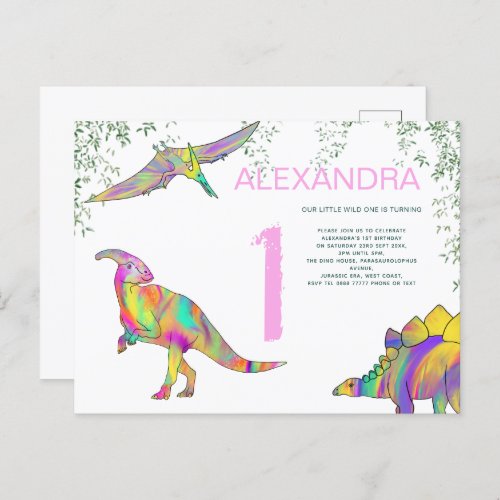 Dinosaur watercolor 1st Birthday Party pink Invitation Postcard