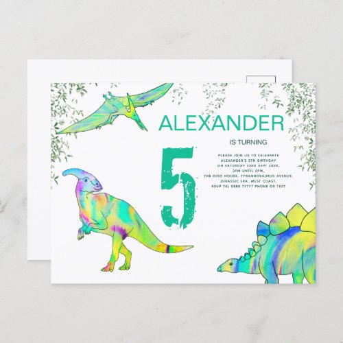 Dinosaur watercolor 5th Birthday Party budget Invitation Postcard