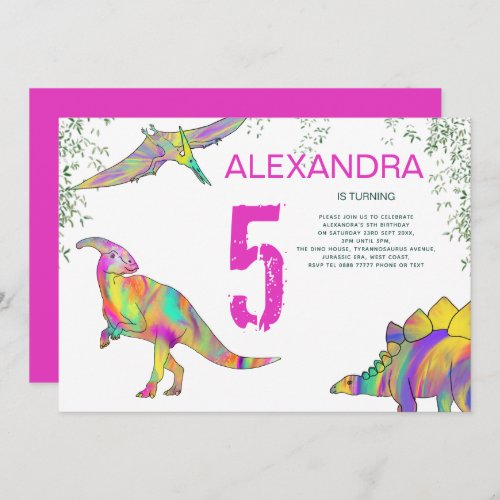 Dinosaur watercolor 5th Birthday Party pink Invitation