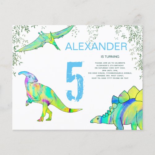 Dinosaur watercolor Birthday Party budget blue Flyer