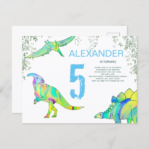 Dinosaur watercolor Birthday Party budget blue Invitation Postcard