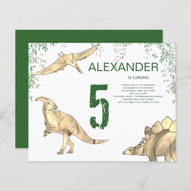 Dinosaur watercolor Birthday Party budget green (Front/Back)