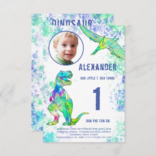 Dinosaur Watercolor Birthday Party Photo  Invitation
