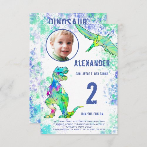 Dinosaur Watercolor Birthday Party Photo  Invitation