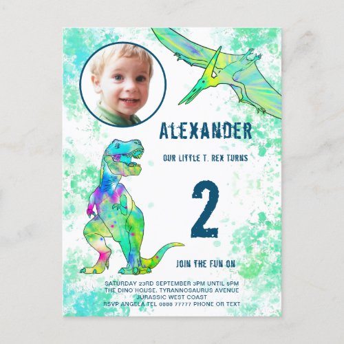 Dinosaur Watercolor Birthday Party Photo Invitation Postcard