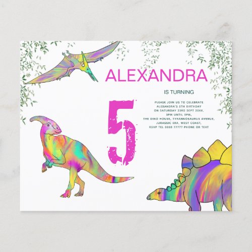 Dinosaur watercolor Birthday Party pink budget Flyer