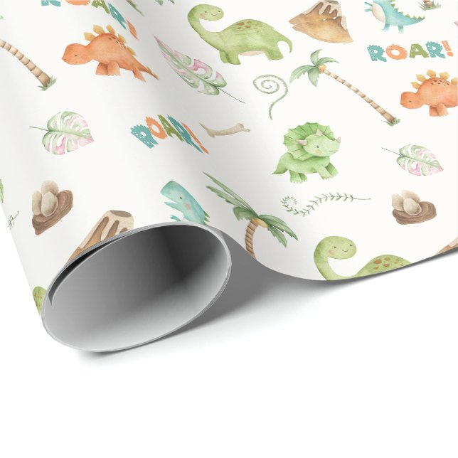 Dinosaur Watercolor Birthday  Wrapping Paper (Roll Corner)