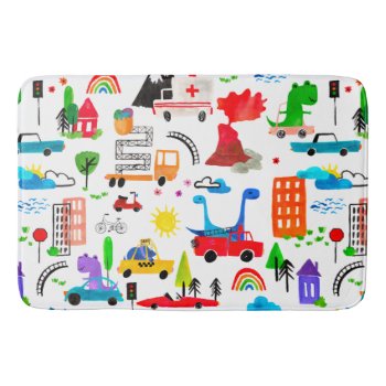 Dinosaur Watercolor Busy City Kids Cars Trucks Bath Mat by LilPartyPlanners at Zazzle