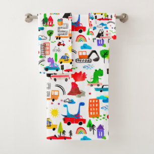 Dinosaur Watercolor Busy City Kids Cars Trucks Bath Towel Set