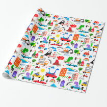 Dinosaur Watercolor Busy City Kids Dino Birthday Wrapping Paper