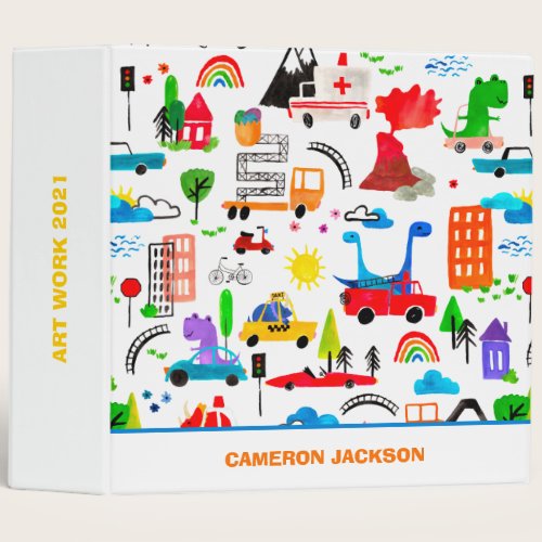 Dinosaur Watercolor Busy City Personalized Kids  3 Ring Binder