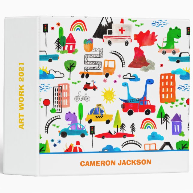 Dinosaur Watercolor Busy City Personalized Kids  3 Ring Binder (Front/Spine)