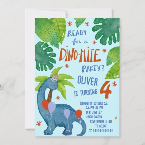 Dinosaur watercolor cute birthday party invitation