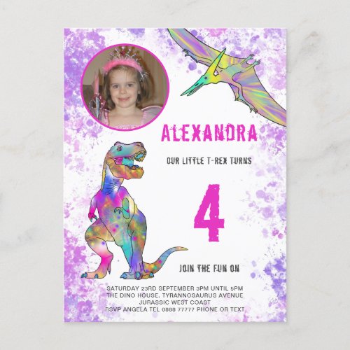 Dinosaur Watercolor Girls Birthday Party Photo Invitation Postcard