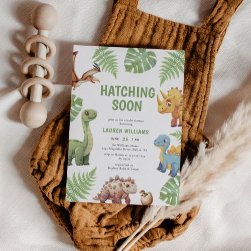 Dinosaur Watercolor Hatching Soon Baby Shower Invitation