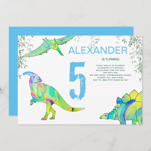 Dinosaur watercolor jungle Birthday Party blue Invitation