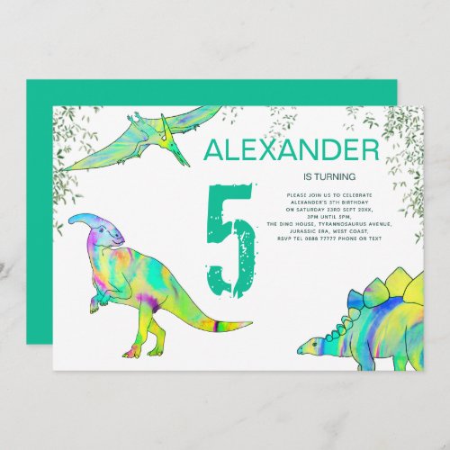 Dinosaur watercolor jungle Birthday Party Invitation