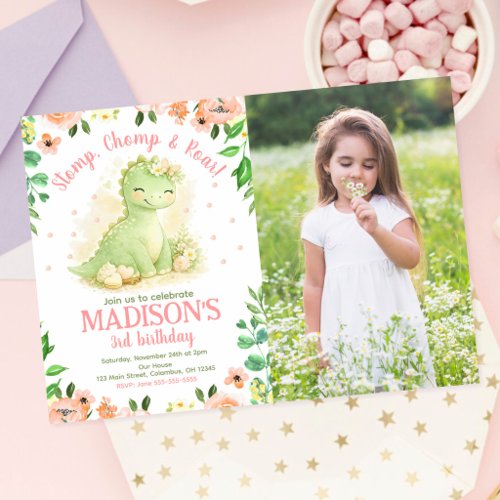 Dinosaur Watercolor Pink Floral Photo Birthday Invitation