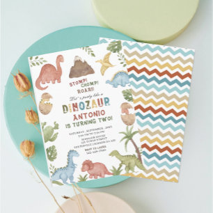 Dinosaur watercolor stomp chomp roar birthday part invitation