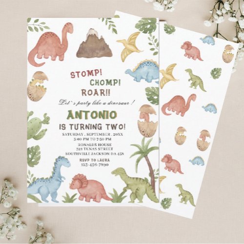 Dinosaur watercolor stomp chomp roar birthday part invitation