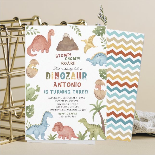 Dinosaur watercolor stomp chomp roar birthday part invitation (Creator Uploaded)