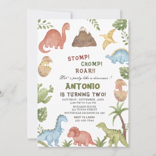 Dinosaur watercolor stomp chomp roar birthday part invitation