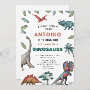 Dinosaur watercolor stomp chomp roar birthday part invitation