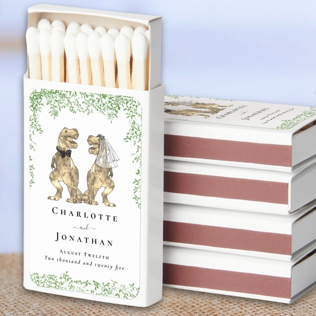 Dinosaur Wedding Bride and Groom Personalized  Matchboxes (Dinosaur bride and groom wedding personalized favor matchbox Watercolor eucalyptus foliage greenery)
