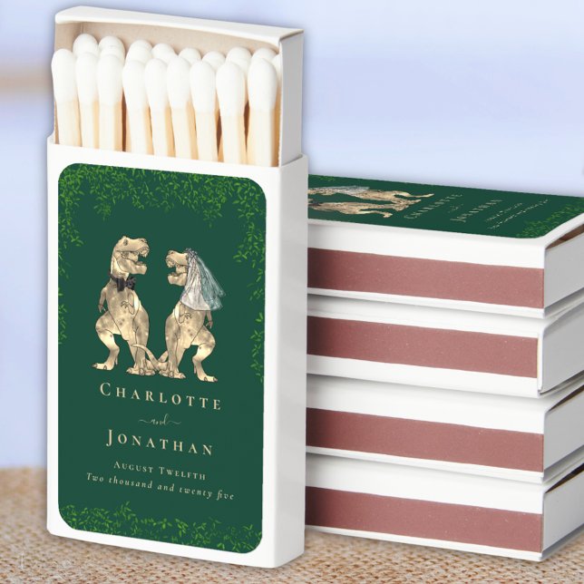 Dinosaur Wedding Bride and Groom Personalized  Matchboxes (Dinosaur wedding dark green custom matchbox favor Watercolor eucalyptus foliage T-Rex Bride & Groom)