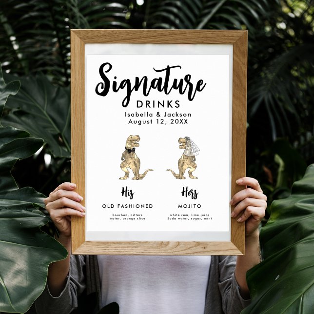 Dinosaur Wedding Bride and Groom Signature Drinks Poster (Funny Dinosaur bride and groom wedding signature drinks poster)