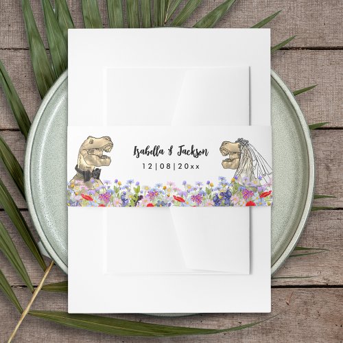 Dinosaur Wedding Bride and Groom with Wildflowers  Invitation Belly Band