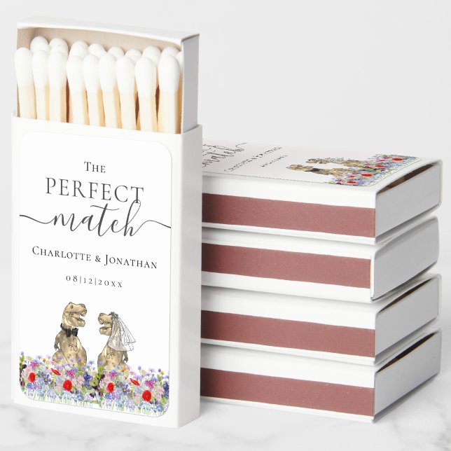 Dinosaur Wedding Bride & Groom Custom Matchboxes (The perfect match Dinosaur bride and groom custom wedding matchbox sticker Watercolor wildflowers)