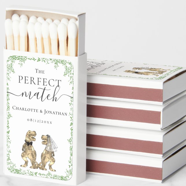 Dinosaur Wedding Bride & Groom Custom Matchboxes (The perfect match funny Dinosaur T-Rex bride and groom custom wedding matchboxes watercolor foliage)