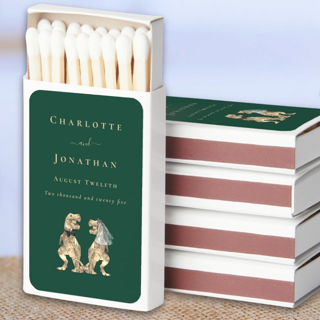 Dinosaur Wedding Bride & Groom Green Personalized  Matchboxes (Dinosaur bride and groom wedding dark green personalized favor matchbox T-Rex dino elegant modern)