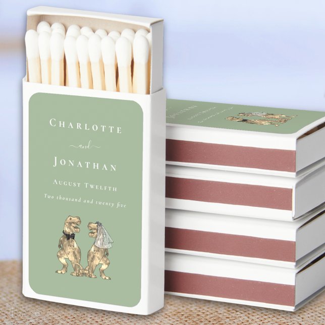 Dinosaur Wedding Bride & Groom Names Sage Green Matchboxes (Dinosaur wedding personalized T-Rex dino bride & groom sage green matchbook favor Elegant modern)