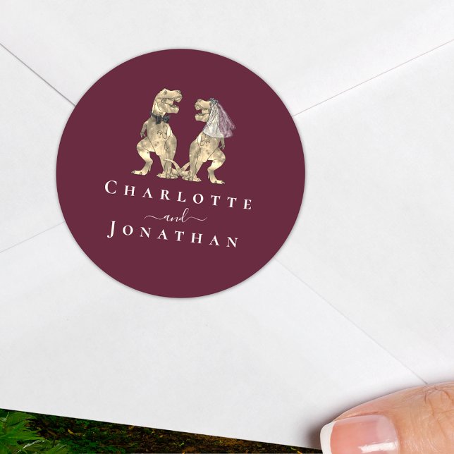 Dinosaur Wedding Burgundy & Cream Personalized  Classic Round Sticker (Dinosaur theme wedding burgundy & cream personalized stickers T-Rex dino bride and groom names)