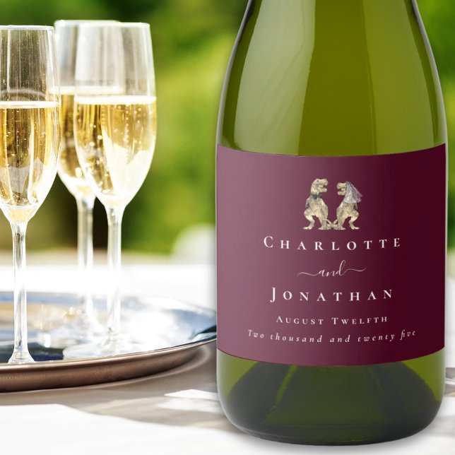 Dinosaur Wedding Burgundy & Cream Personalized Sparkling Wine Label (Dinosaur themed wedding T-Rex bride and groom burgundy & cream personalized wine labels Modern )