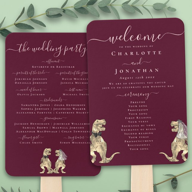 Dinosaur Wedding Ceremony Burgundy Wine Blush Pink Hand Fan (T-Rex bride and groom dinosaur burgundy wine blush pink wedding ceremony program fans Elegant script)