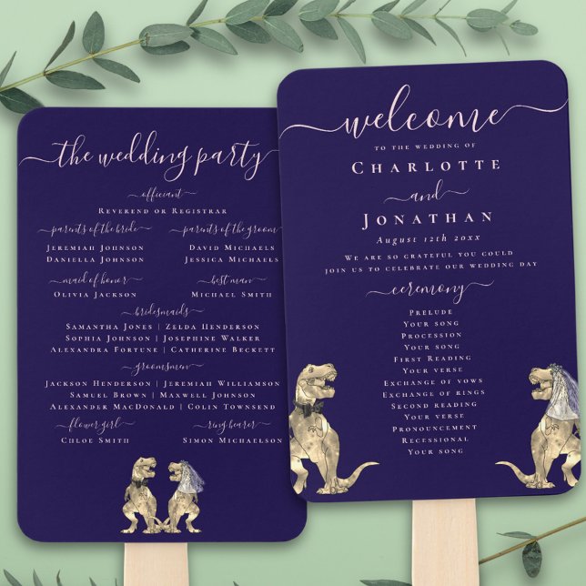 Dinosaur Wedding Ceremony Navy Blue Blush Pink Hand Fan (T-Rex bride and groom dinosaur navy blue blush pink wedding ceremony program fans elegant script)