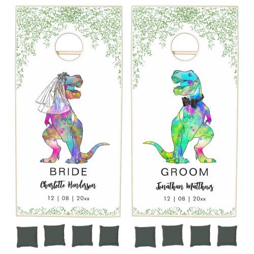 Dinosaur Wedding Colorful T_Rex Bride and Groom Cornhole Set