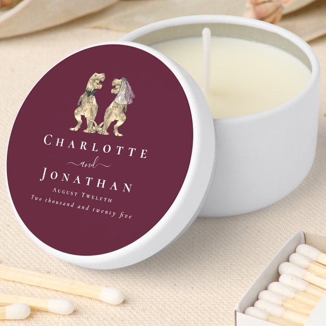 Dinosaur Wedding Custom Burgundy Cream Mini Candle Favors (Dinosaur theme wedding burgundy cream custom candle favor T-Rex dino bride and groom elegant script)