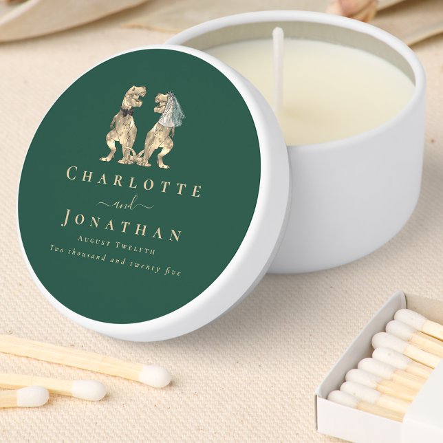 Dinosaur Wedding Custom Mini Candle Favors (Dinosaur wedding dark green custom favor candle T-Rex dino bride and groom elegant modern script)