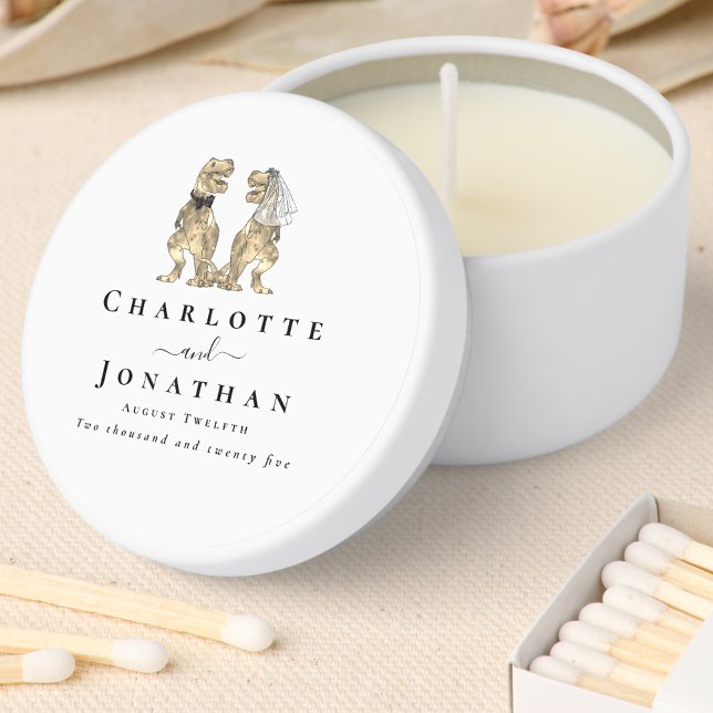 Dinosaur Wedding Custom Mini Candle Favors (Funny dinosaur wedding custom favor candle T-Rex bride and groom dino elegant script)