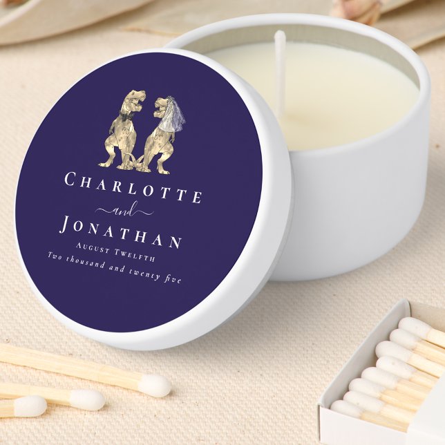 Dinosaur Wedding Custom Navy Blue White Mini Candle Favors (Dinosaur theme wedding navy blue & white personalized candle favors T-Rex dino bride & groom elegant)