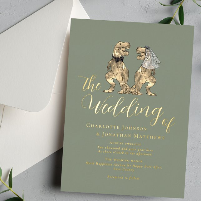 Dinosaur Wedding Elegant Sage Green Gold Foil Invitation (Elegant Dinosaur wedding sage green gold foil invitation T-Rex bride and groom dino)