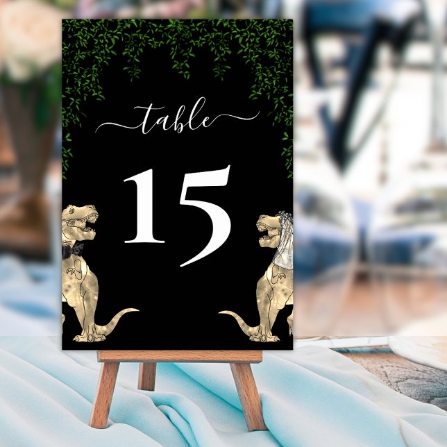 Dinosaur Wedding Foliage Black & White Table Number (Jurassic Dinosaur destination wedding black and white custom table number card T-Rex bride and groom)